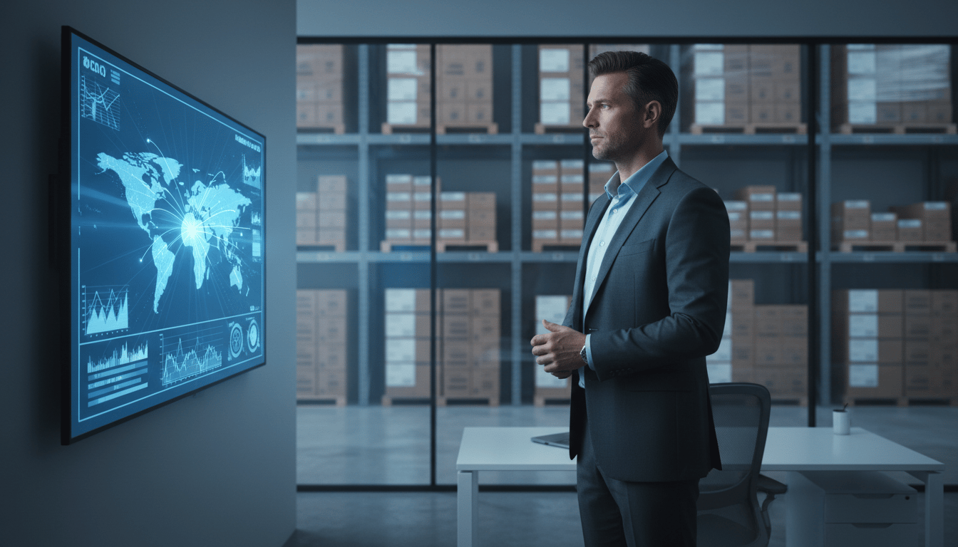 An operations manager reviewing a global shipping analytics dashboard on a large monitor in a modern warehouse office