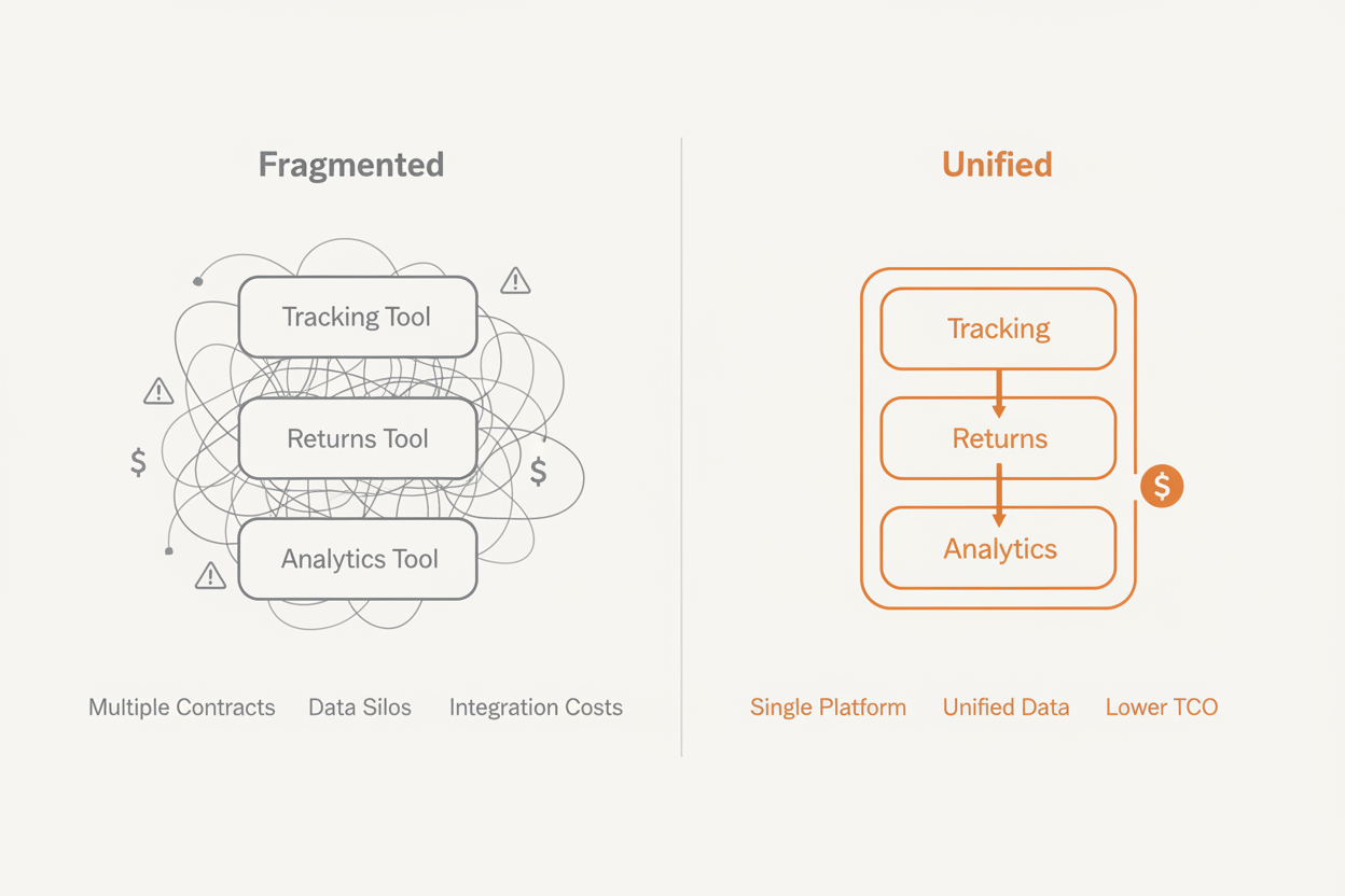 Diagram comparing a fragmented post-purchase stack of separate tracking, returns and analytics tools against a single unified platform