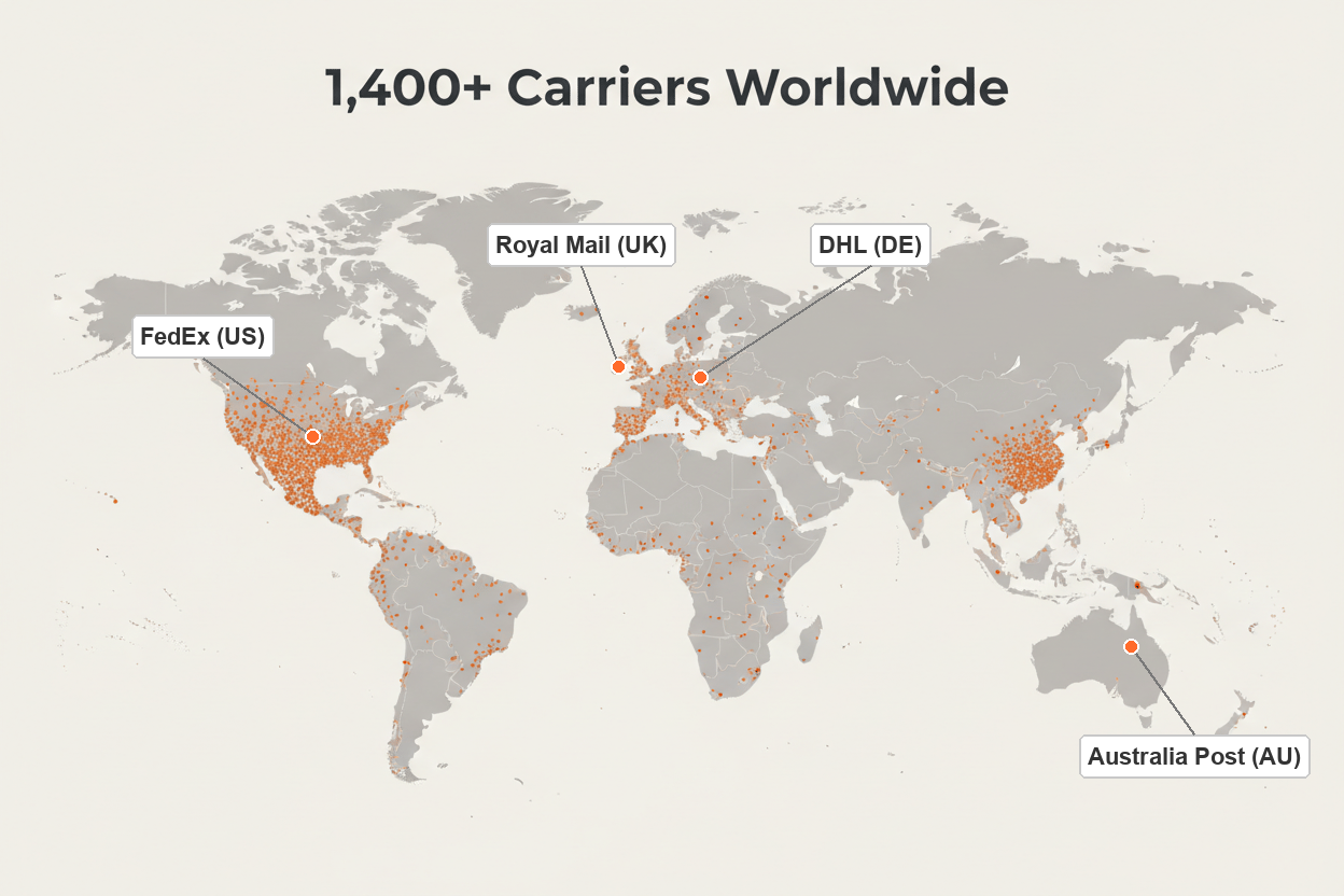 World map showing AfterShip carrier coverage across North America, Europe and APAC, labelled 1,400+ carriers worldwide, with callouts for FedEx (US), Royal Mail (UK), DHL (DE) and Australia Post (AU)