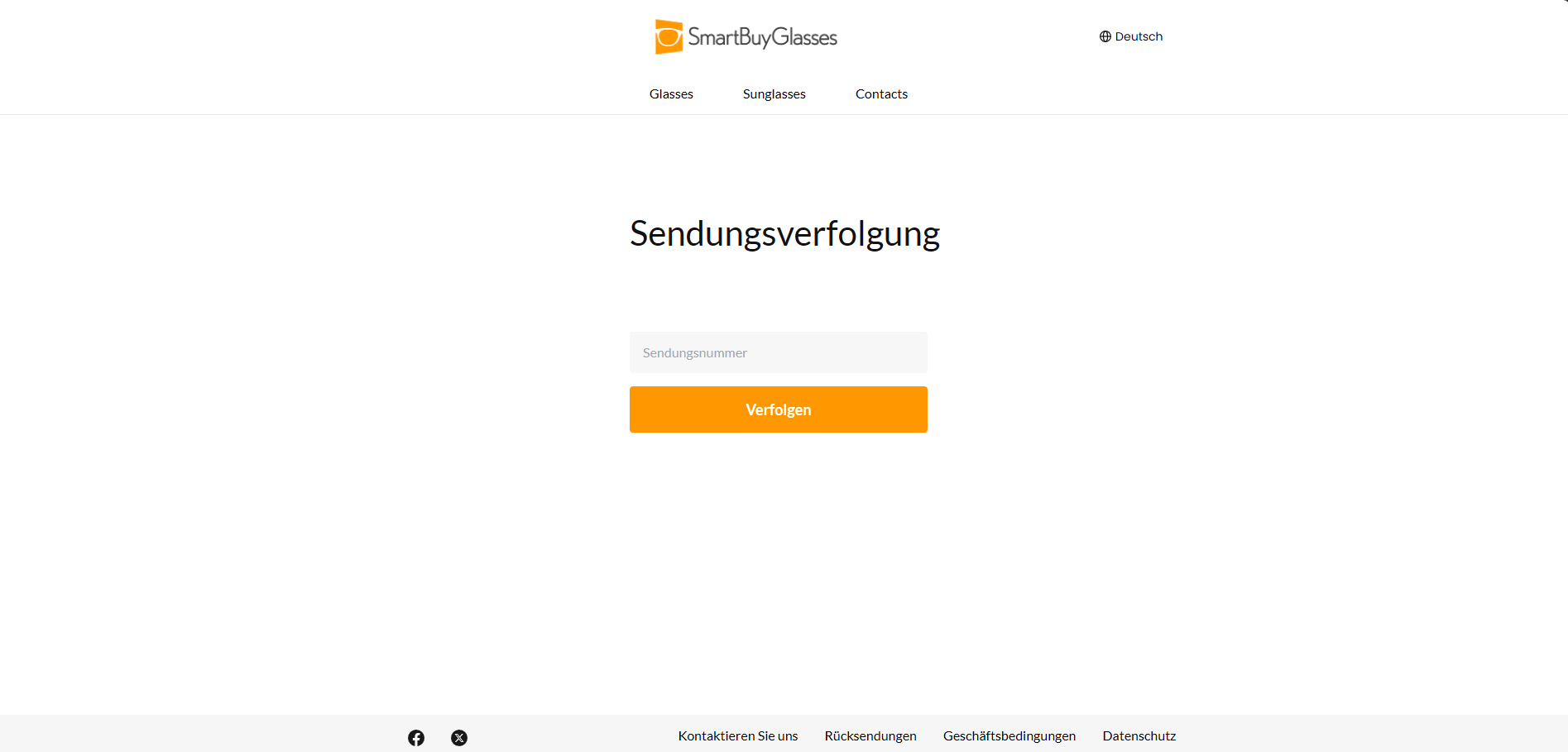 SmartBuyGlasses branded tracking page on AfterShip, rendered in German, with the language selector in the header