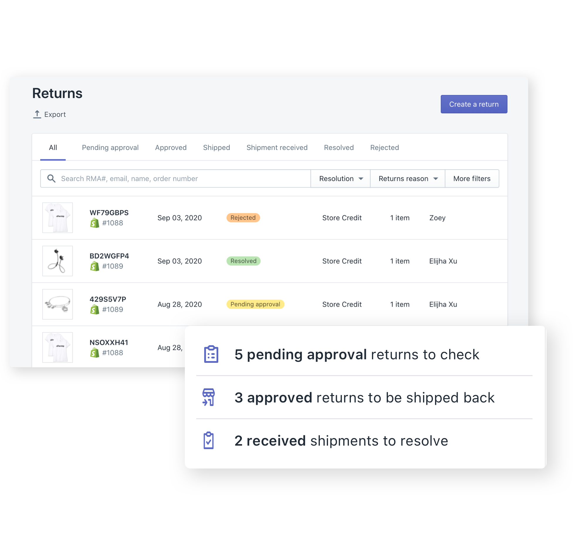 AfterShip Returns — one queue for return orders from Shopify, WooCommerce, and Amazon MCF