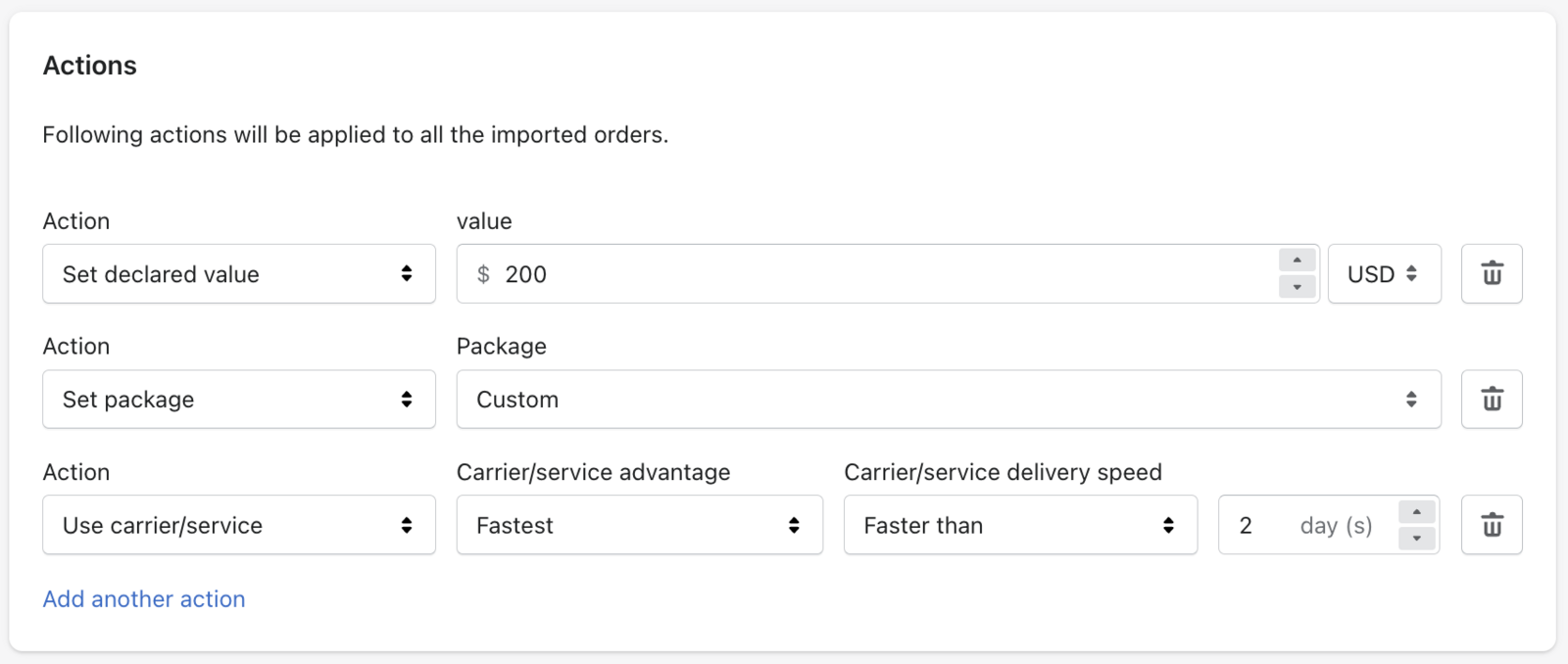 AfterShip Shipping automation-rule actions: set declared value, set package, and auto-select carrier/service by delivery speed.