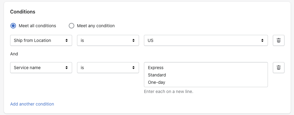 AfterShip Shipping automation-rule conditions: orders shipped from the US on Express, Standard, or One-day service