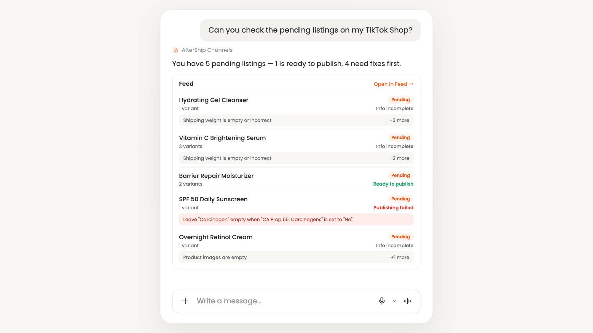 Claude chat using AfterShip Channels MCP to check pending TikTok Shop listings, showing each product's status: info incomplete, ready to publish, or publishing failed
