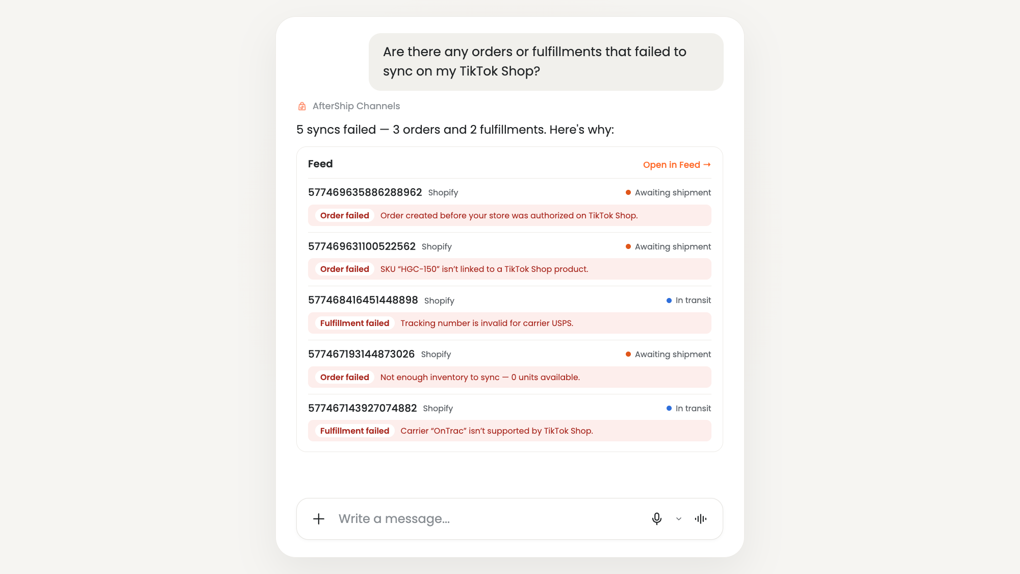 Claude chat using AfterShip Channels MCP listing TikTok Shop orders and fulfillments that failed to sync, each with the reason it failed