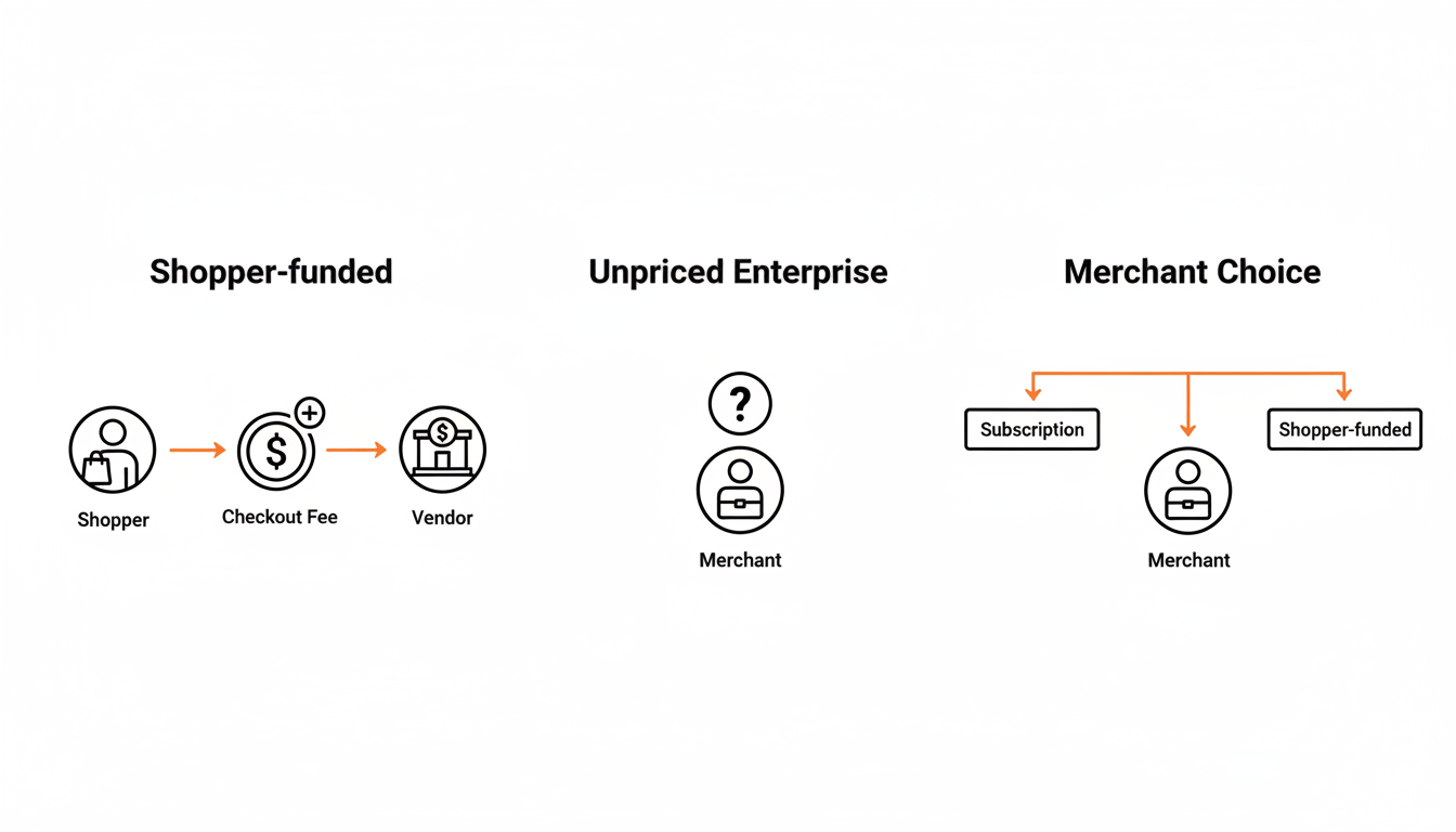 Three-column diagram comparing who pays for post-purchase software: shopper-funded, unpriced enterprise, and merchant choice.