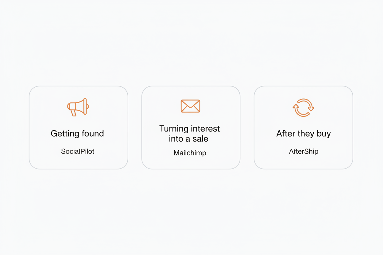 Three columns showing the three jobs of a marketing stack: getting found, turning interest into a sale, and after they buy