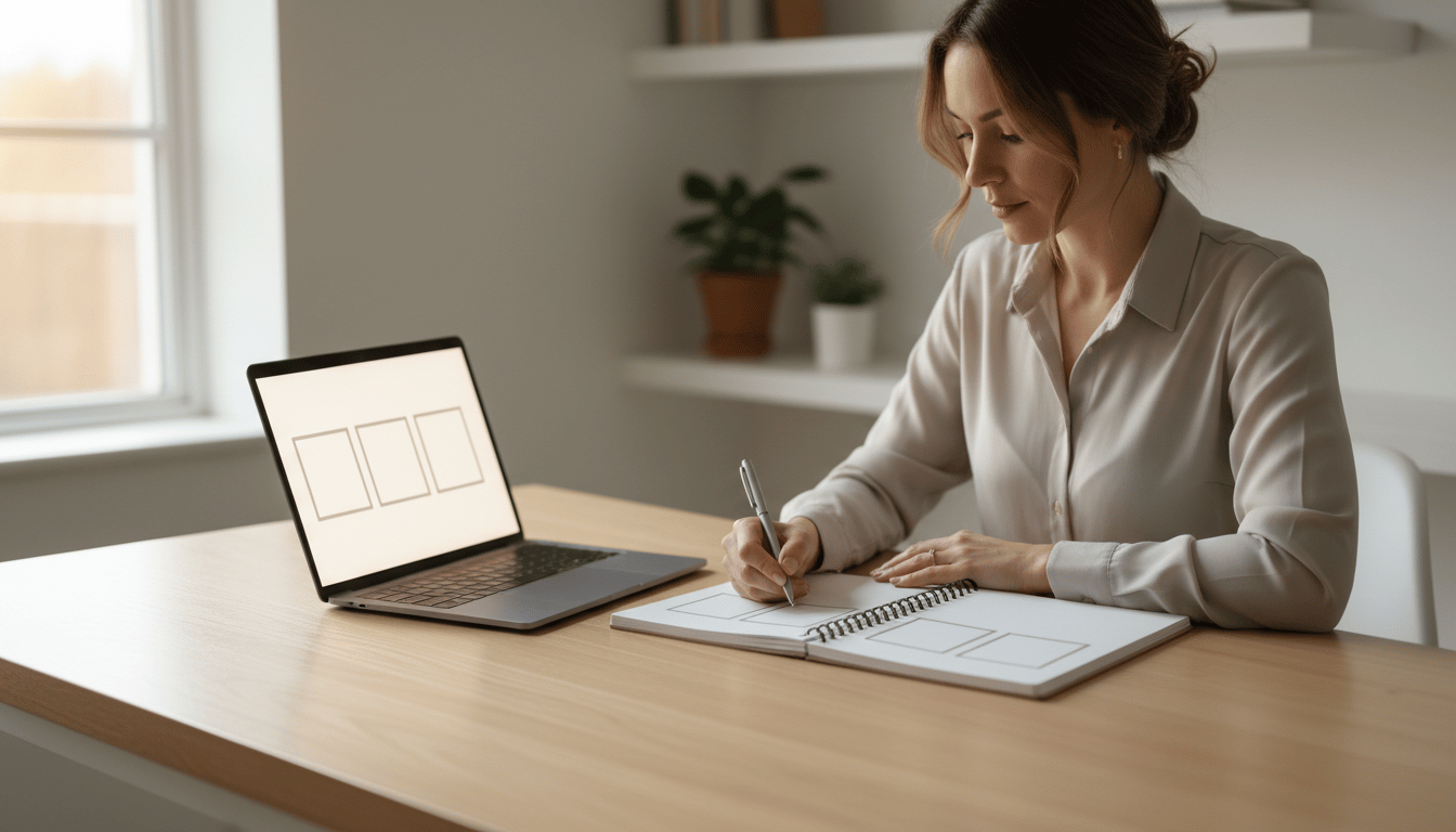A solopreneur sketching a marketing plan in a notebook at a desk with a laptop