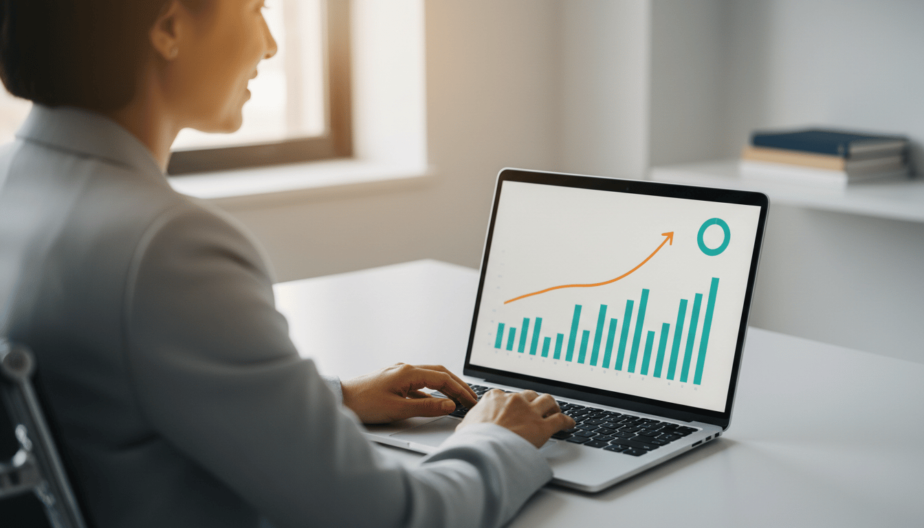 An eCommerce operations director at her desk, seen from behind, working at a laptop that displays an analytics dashboard with a bar chart, a rising trend line and a ring chart