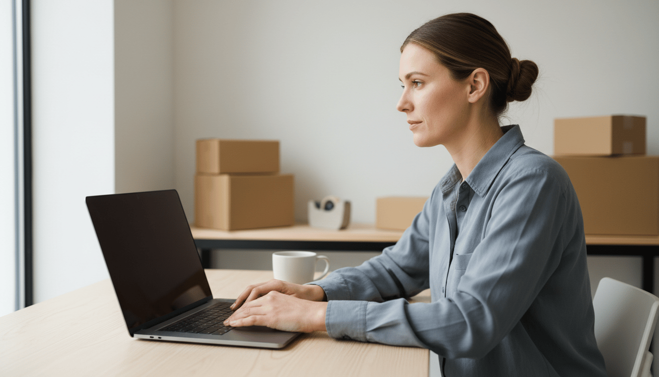 An e-commerce operator working at a laptop at a wooden table, with plain kraft shipping boxes and a tape dispenser on a shelf behind her