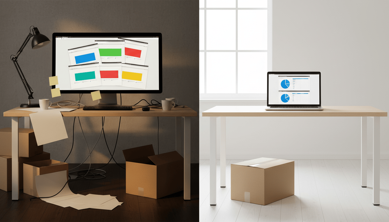 Split-screen comparison: a dim, cluttered desk with six browser windows open across one monitor and paperwork spilling onto the floor, against the same desk in daylight, clear, with one laptop showing a single dashboard.