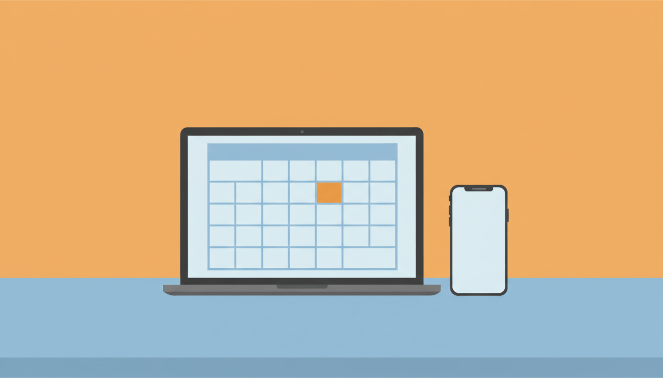 Desk with a laptop showing a calendar grid, one date filled in orange, beside a phone showing an empty message screen