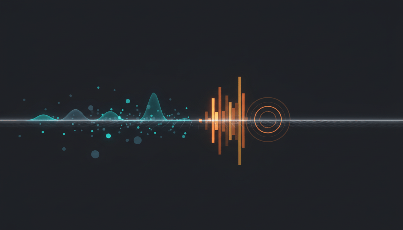 An abstract dark data composition with a scattered dot field and an undulating ribbon in cool teal on the left, and compact orange bars and concentric rings on the right, all sharing one continuous baseline
