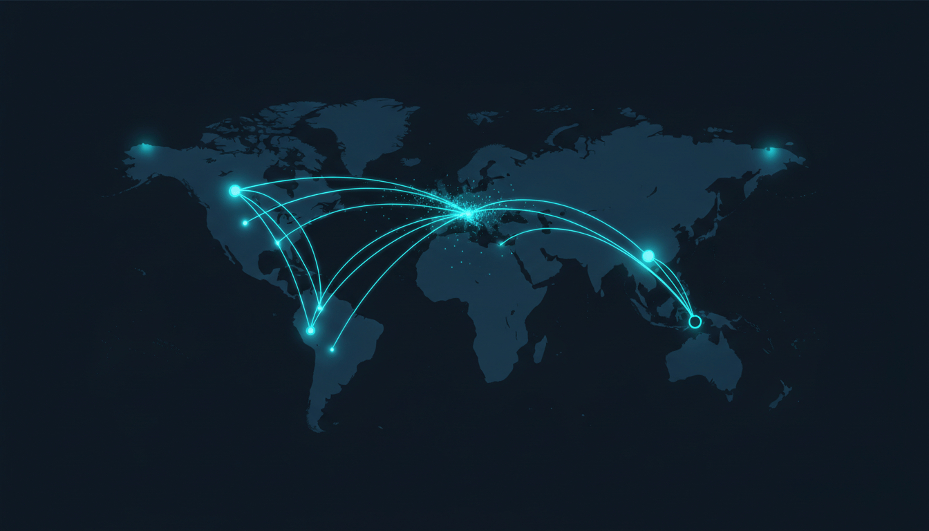 Illustrated world map with glowing shipping routes, one route fragmenting and fading out at a handoff point