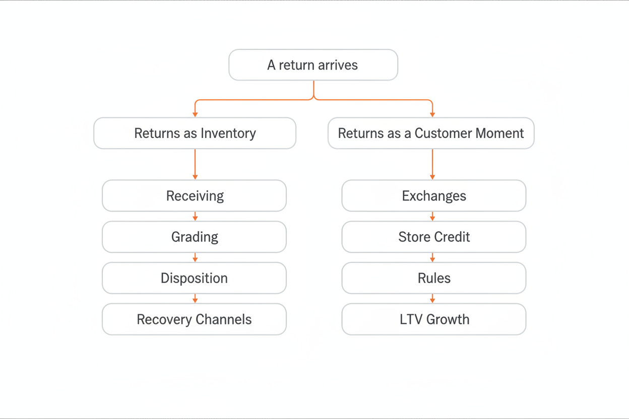 Two-path diagram splitting a returned item into an inventory track of receiving, grading, disposition routing and recovery channels, and a customer track of exchanges, store credit, rules and LTV growth
