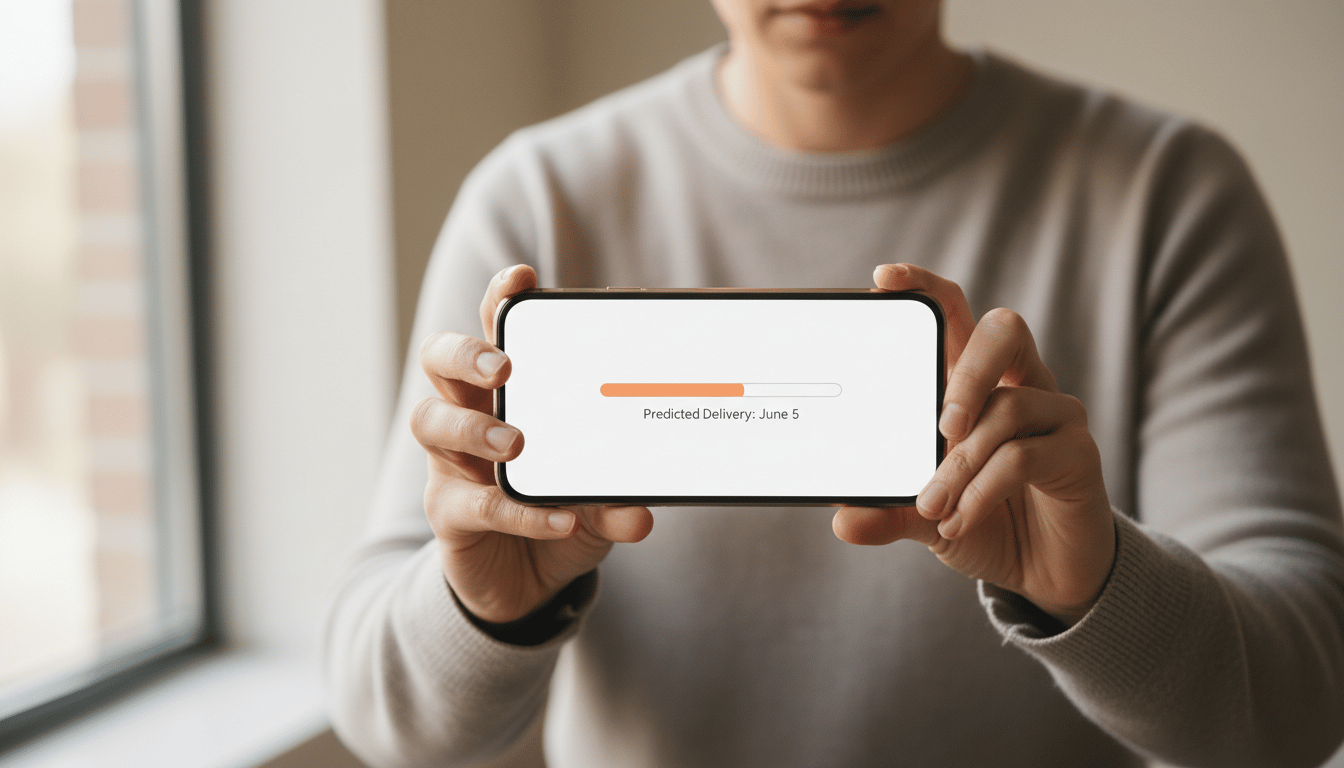 A person holding a smartphone showing a delivery progress bar and a predicted delivery date of June 5.