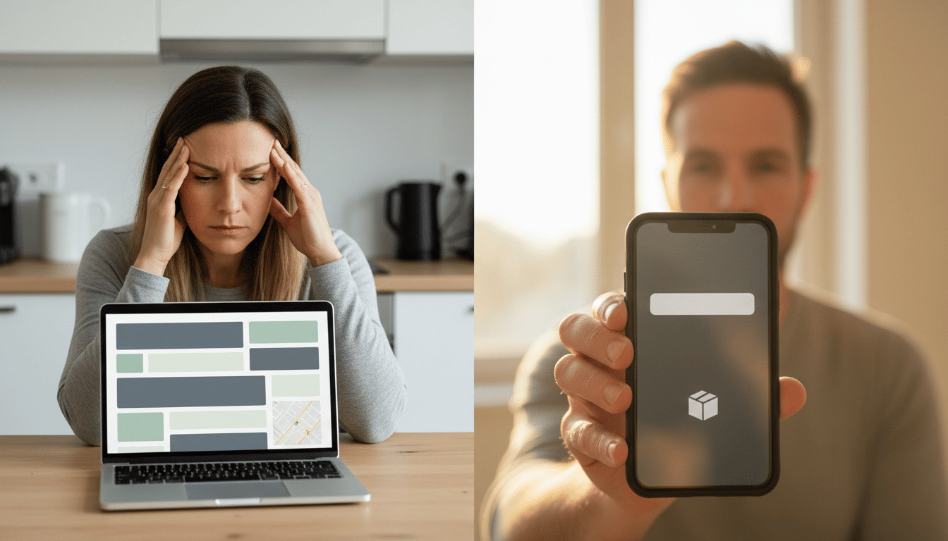 Split screen: a woman tense at a crowded laptop screen, and a man holding a phone showing one clean card.