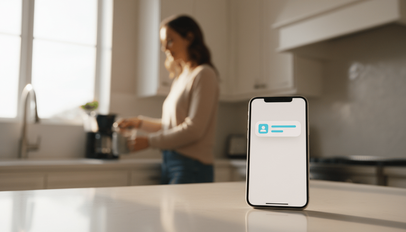 A phone upright on a kitchen counter showing one notification card, a woman pouring coffee blurred behind.