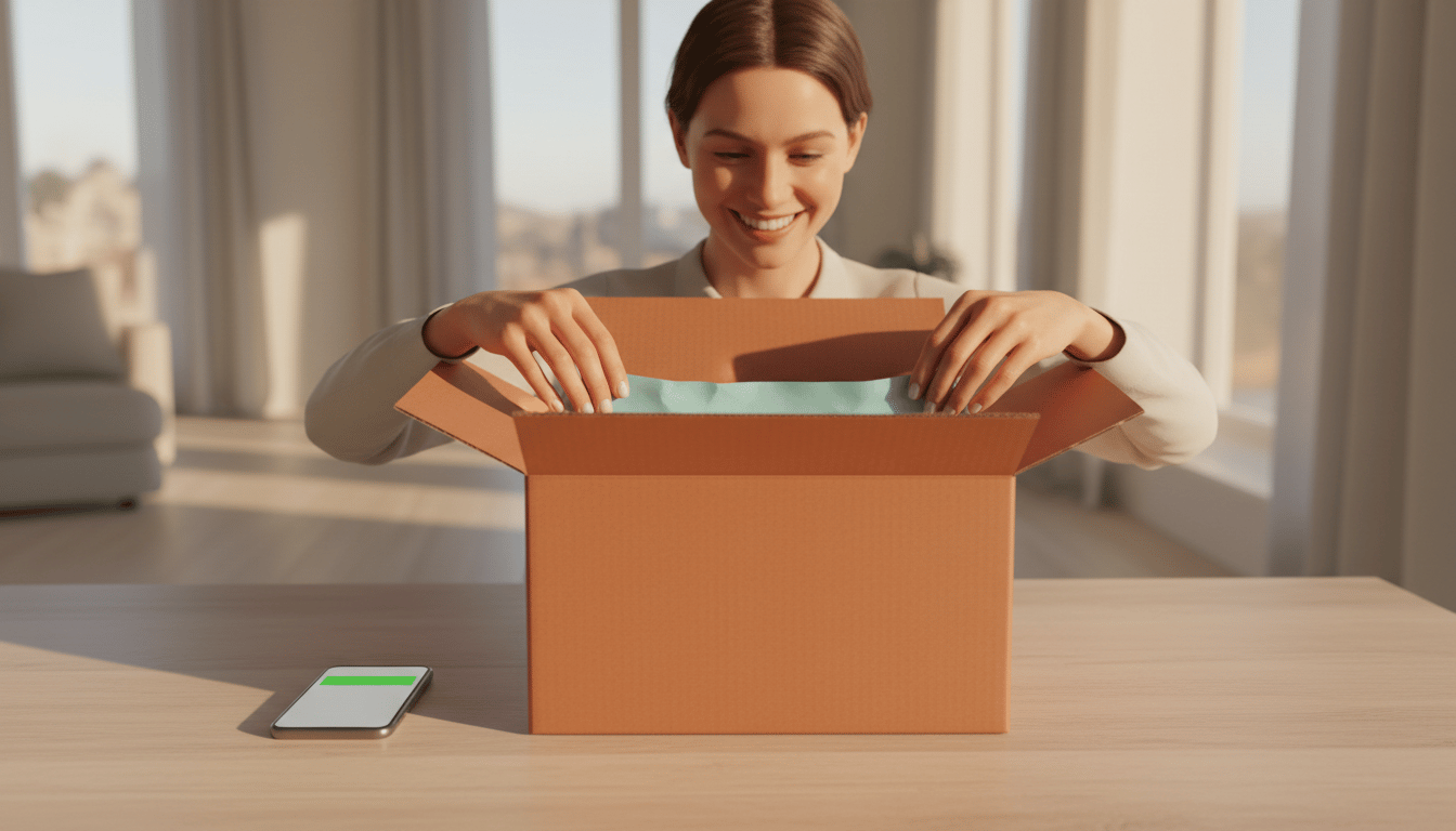 A person smiling as they open a plain parcel on a table, phone beside them showing a shipping notification.