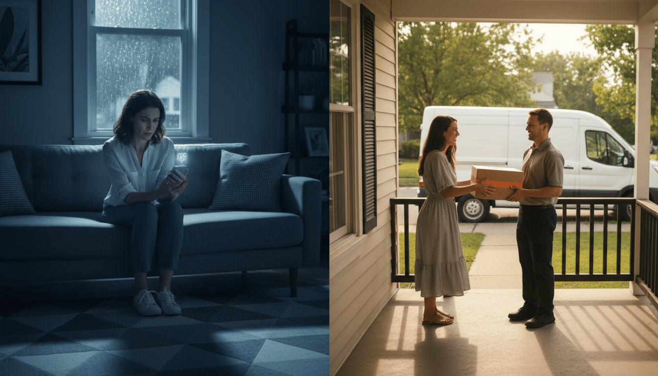 Split image contrasting a shopper reading a vague delay notice with a shopper receiving a parcel on the promised date