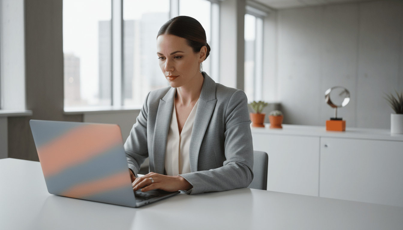 Operations manager working on a laptop at a clean white desk in a modern office