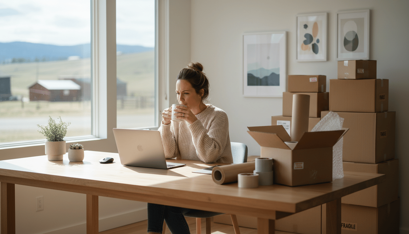 Small business owner reviewing orders on a laptop surrounded by shipping boxes in a home studio office