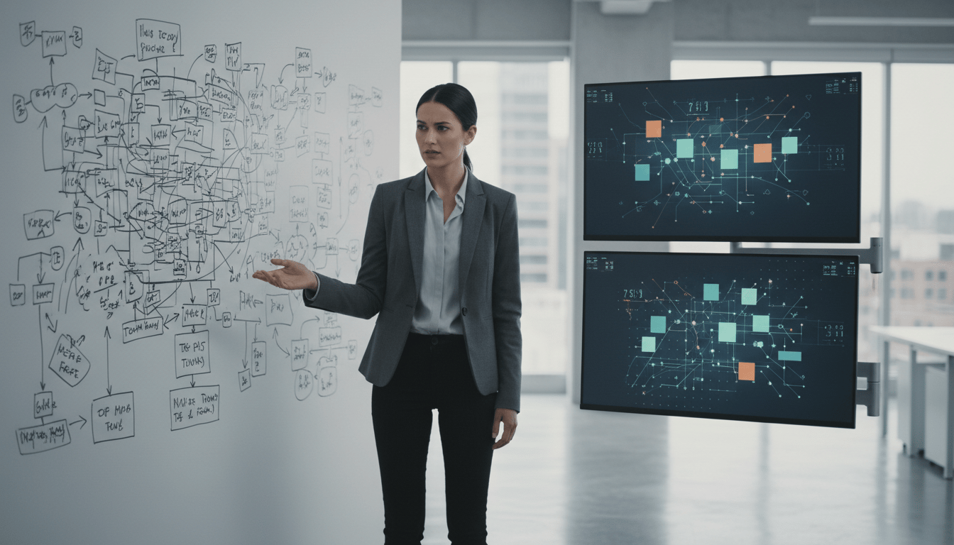 Operations manager reviewing disconnected order tracking and returns data across several dashboards and a whiteboard