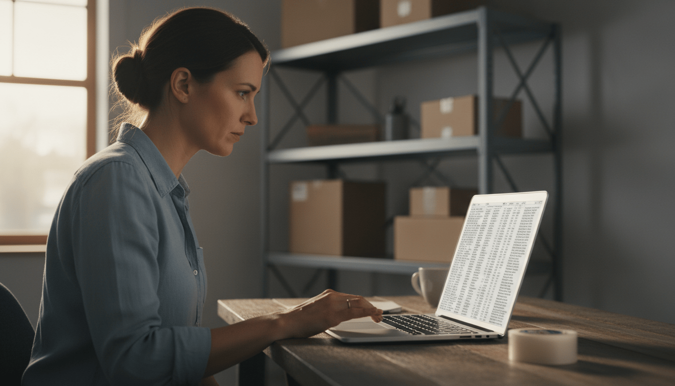 Small business owner at a desk reading a long software invoice on her laptop screen, its fee lines running past the bottom