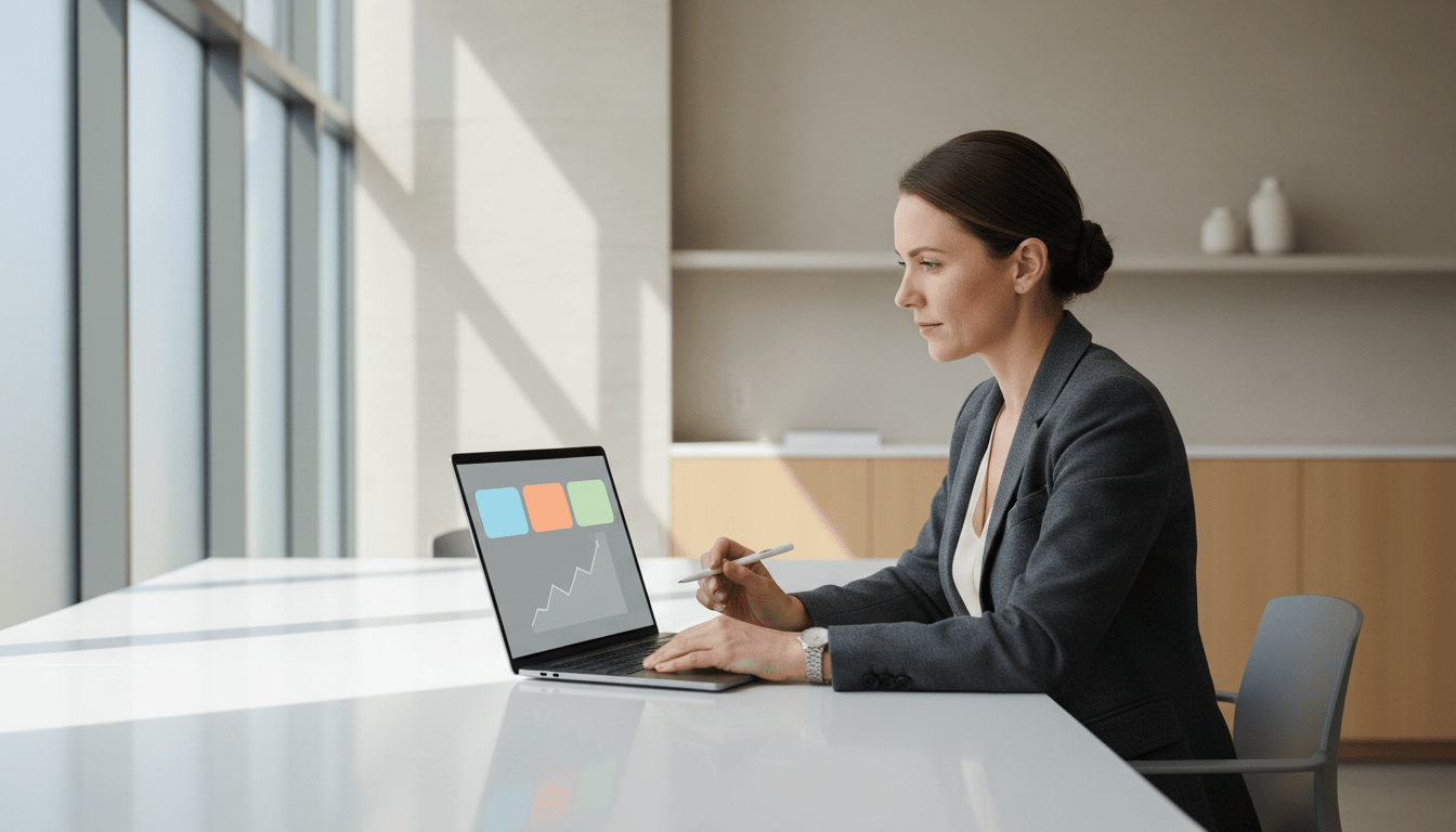 E-commerce operations director reviewing a cost dashboard on a laptop in a modern office
