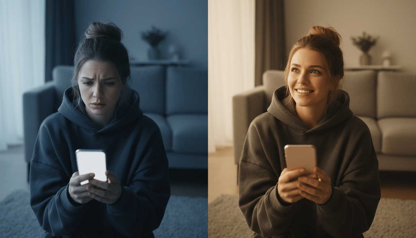 Split screen: a shopper frowning at her phone in dim light, and the same scene warmly lit as she smiles.