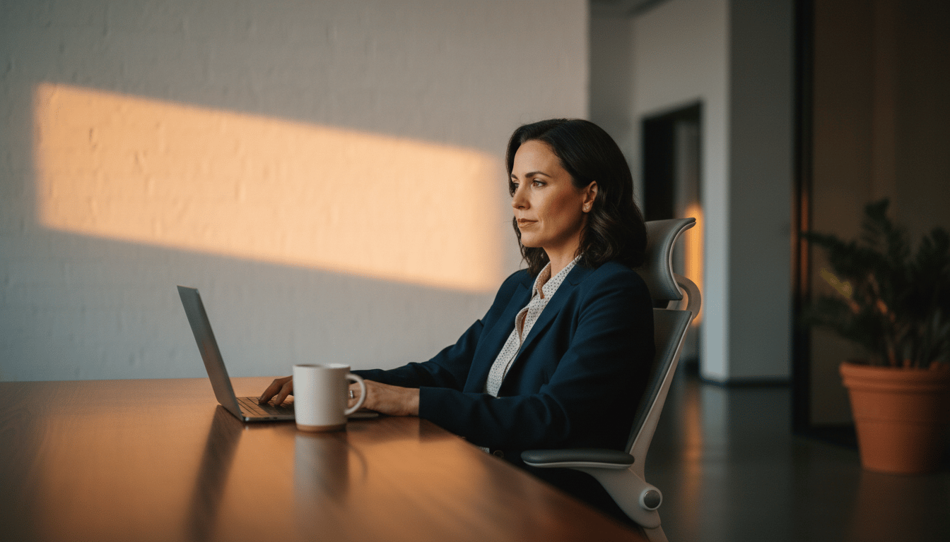 Operations manager at a DTC brand sitting at a laptop in a warmly lit modern office