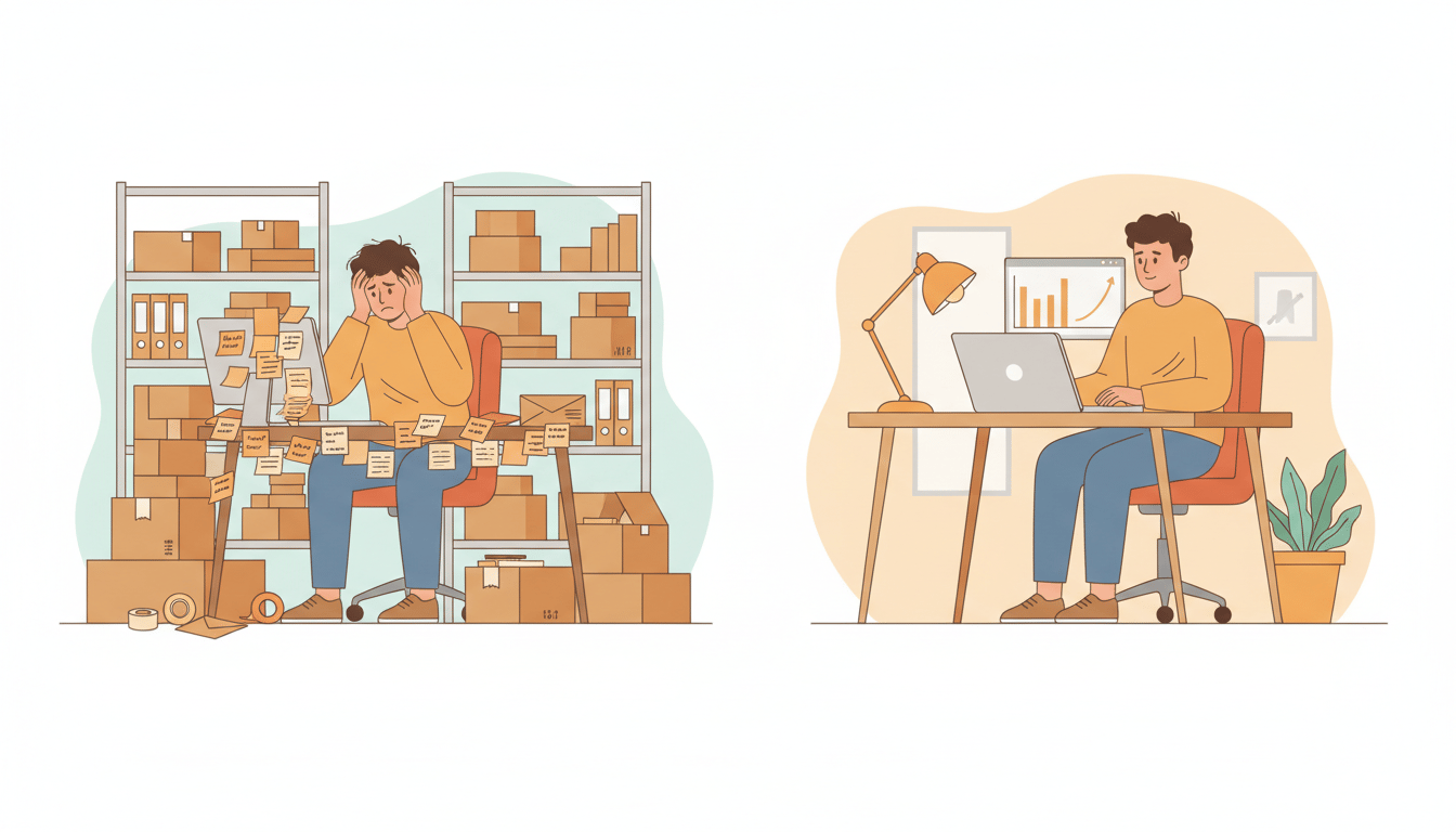 Split illustration of a merchant buried in order status notes, then calm at a delivery analytics dashboard
