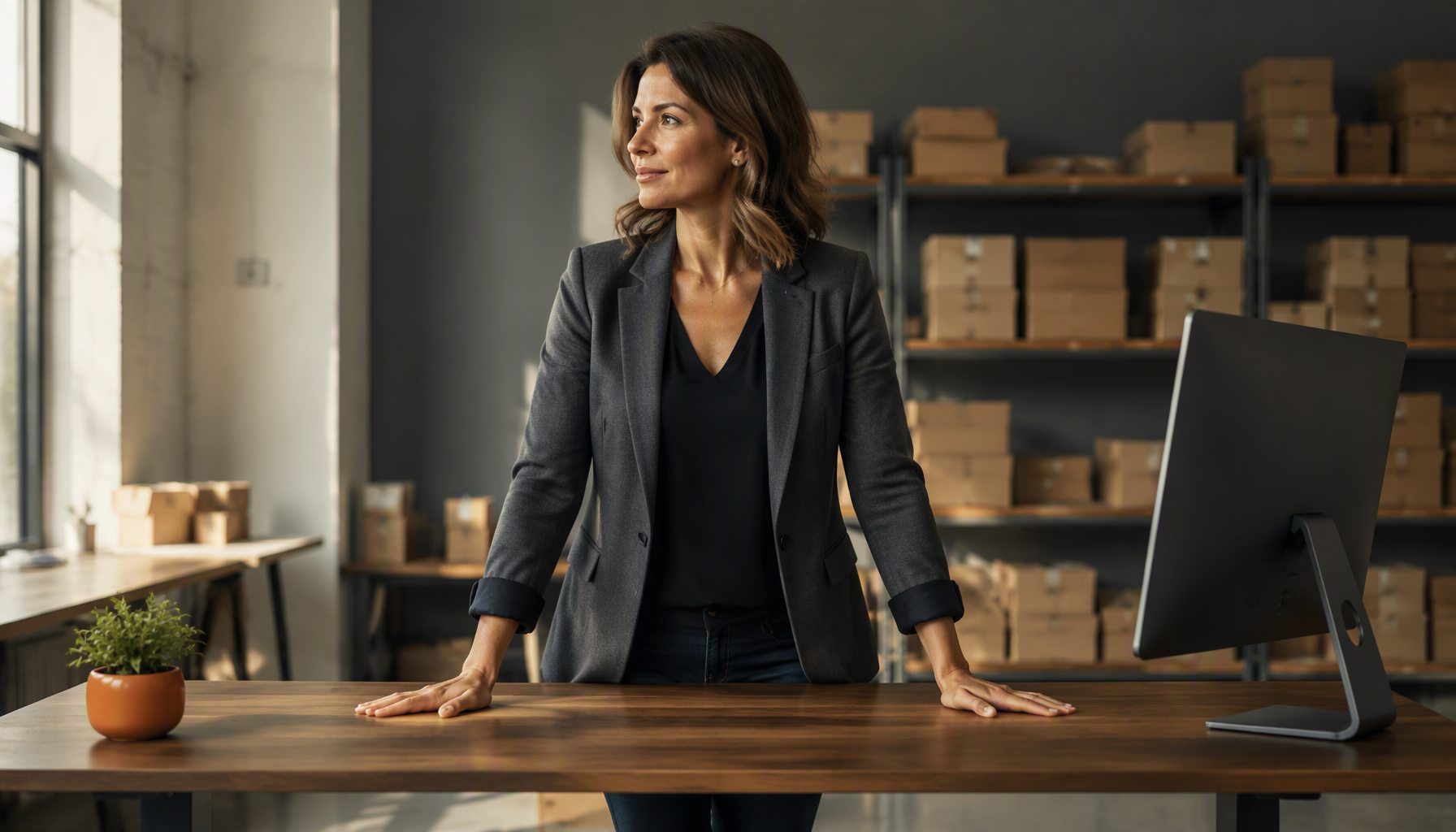Operations manager at a standing desk in a fulfilment office, reviewing a shipping claim decision.
