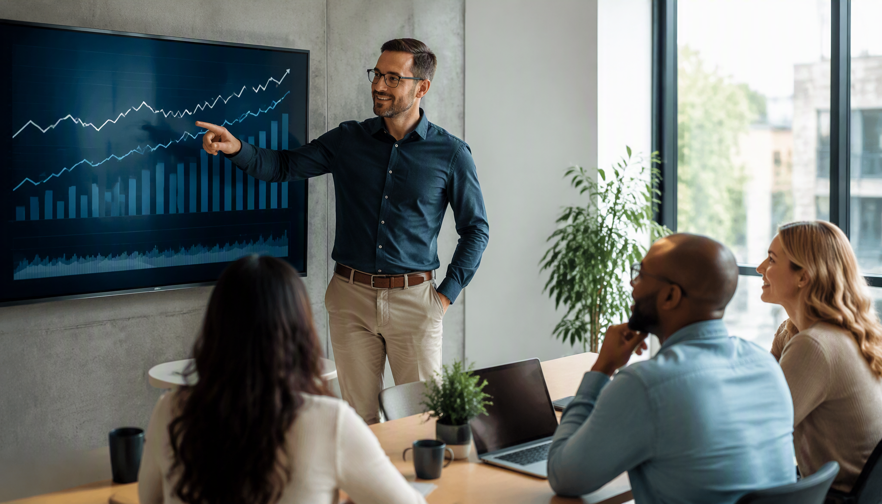 An operations manager presents rising growth charts to three colleagues in a bright modern office.