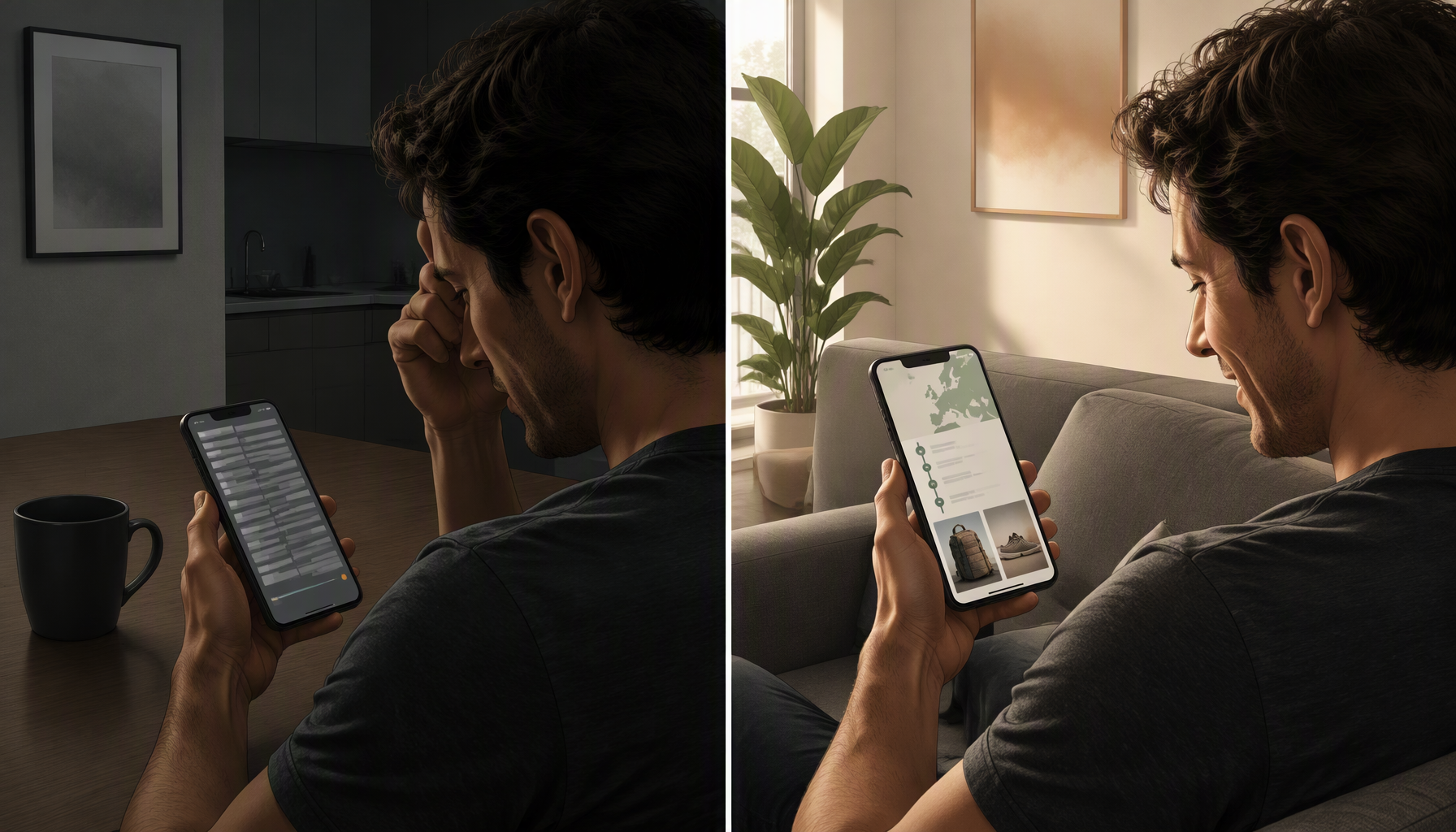 A shopper frustrated by a plain carrier tracking screen, then smiling at a branded tracking page with a map and products.