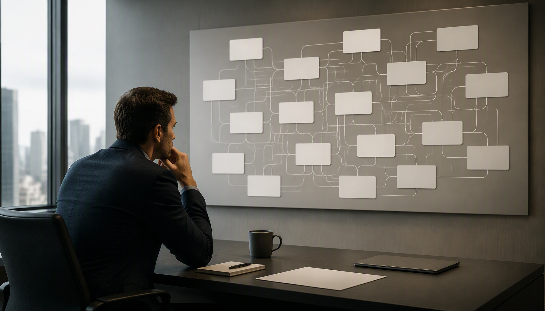 An operations manager sits at a desk with one hand to his chin, studying a wall-mounted board of blank platform tiles joined by tangled connector lines, the picture of a returns migration exposing every dependency the outgoing system had quietly been holding together.