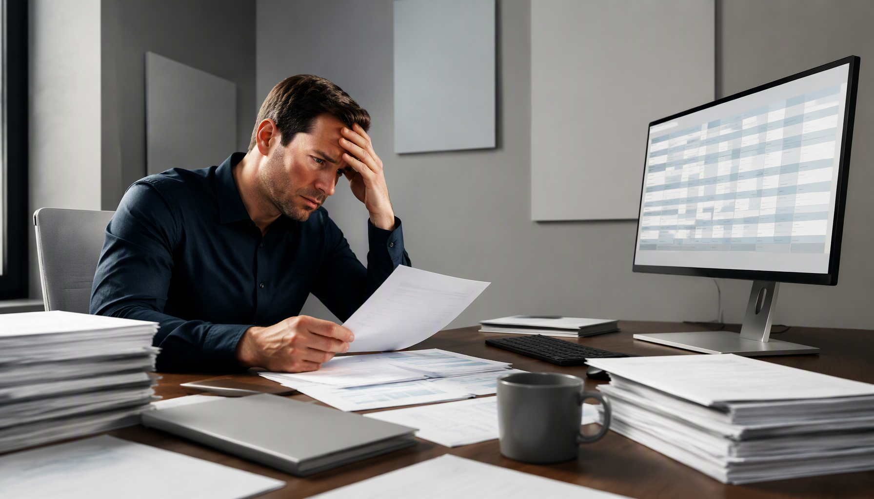Business owner surrounded by spreadsheets and invoices, working through returns software pricing