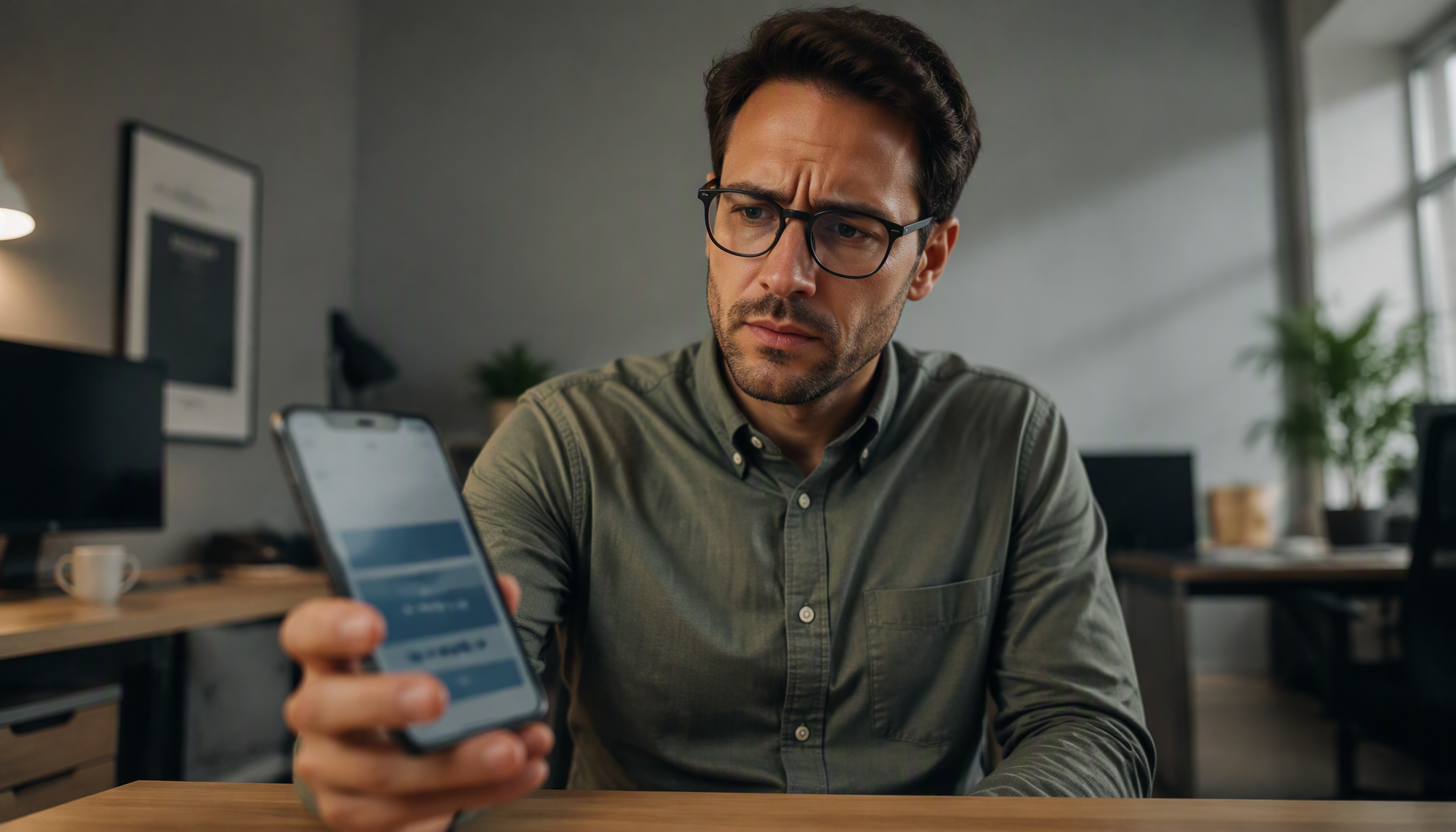 An e-commerce manager frowning at a phone showing a third-party package tracking screen