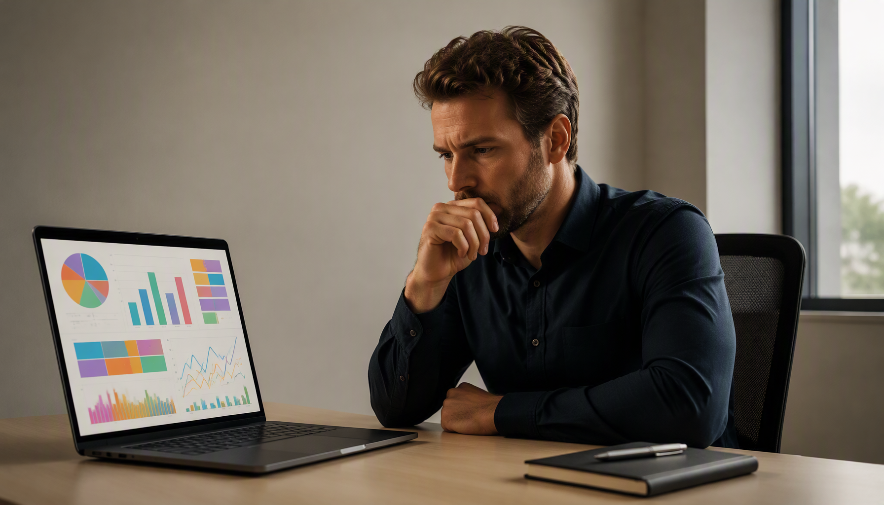 Operations manager at a desk looking at a laptop screen showing several charts