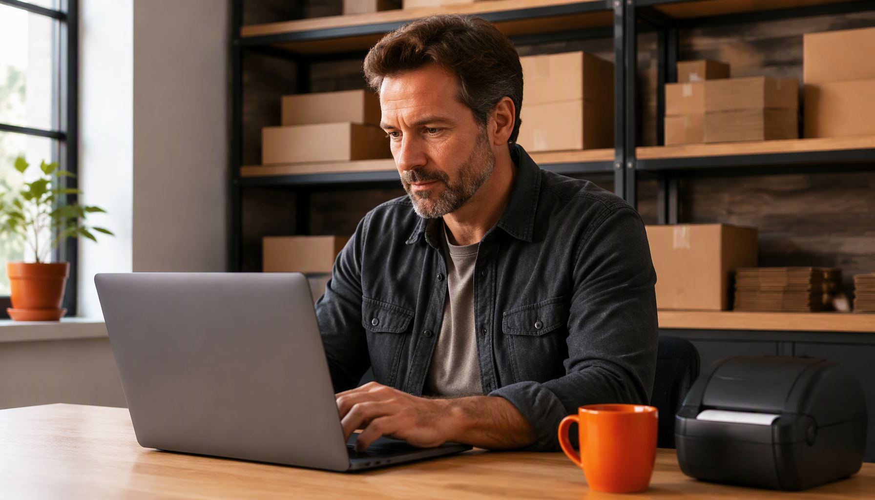 Small business owner reviewing monthly app charges on a laptop beside stacked shipping boxes