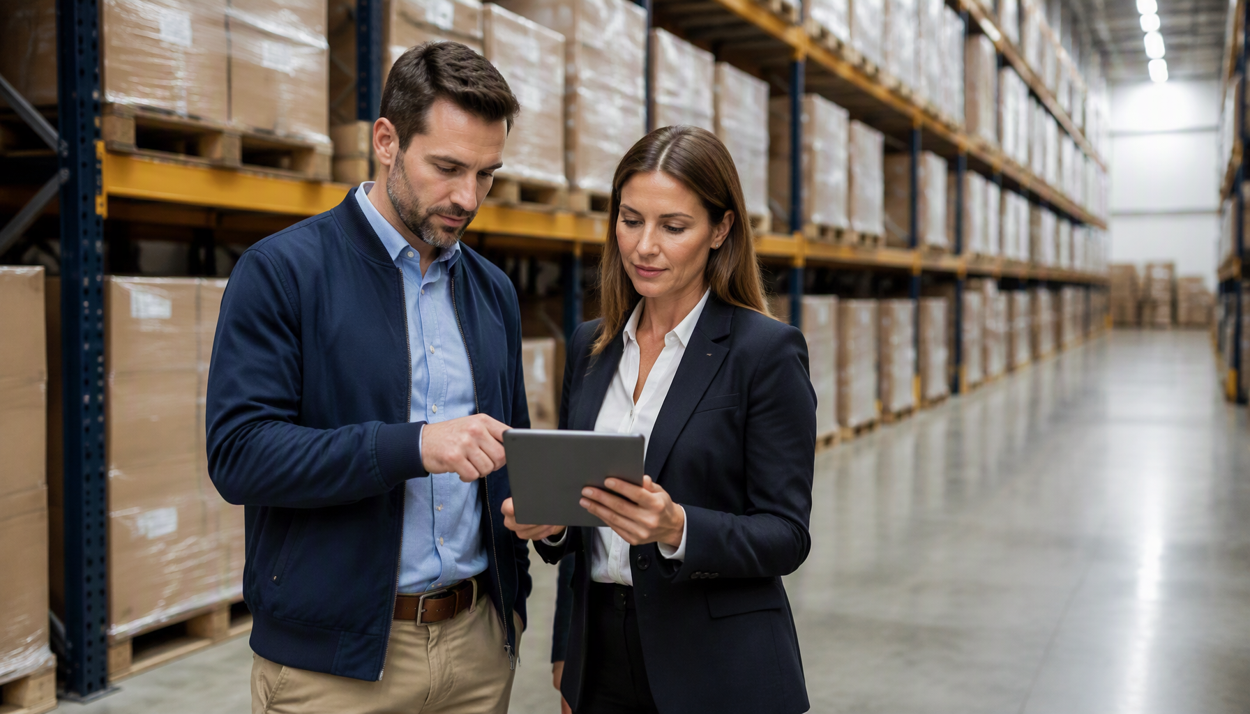 Two operations managers reviewing data on a tablet together in the aisle of a modern distribution centre, racking and palletised inventory behind them.