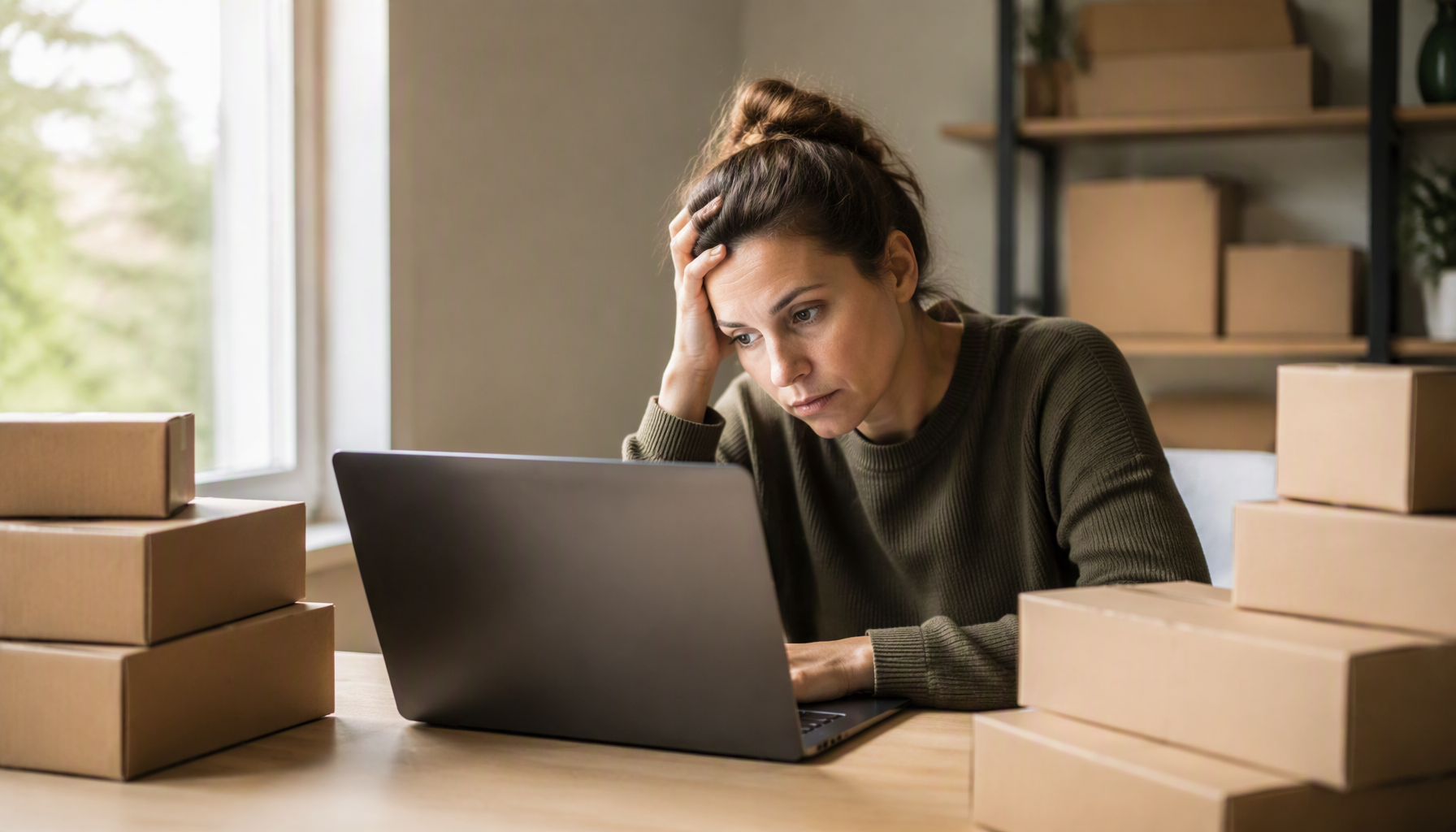 Small business owner at a home office desk surrounded by stacked plain shipping boxes