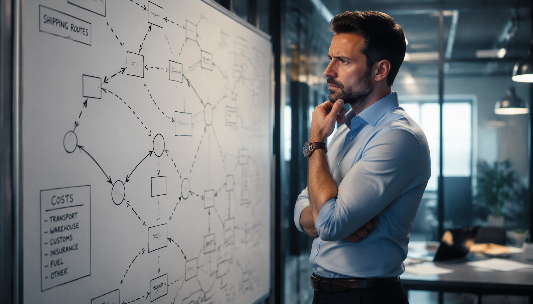Logistics manager studying a hand-drawn whiteboard diagram of shipping routes and costs