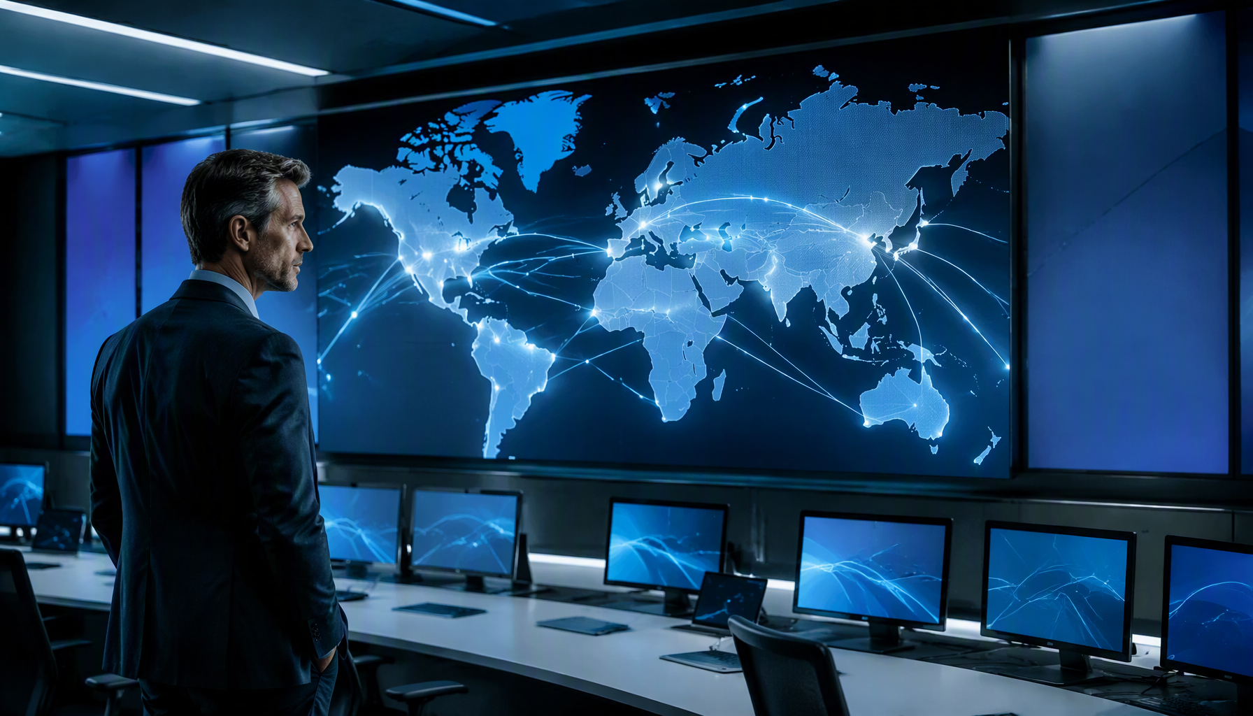Operations manager at a 3PL reviewing shipment routes on a large screen in a logistics control center