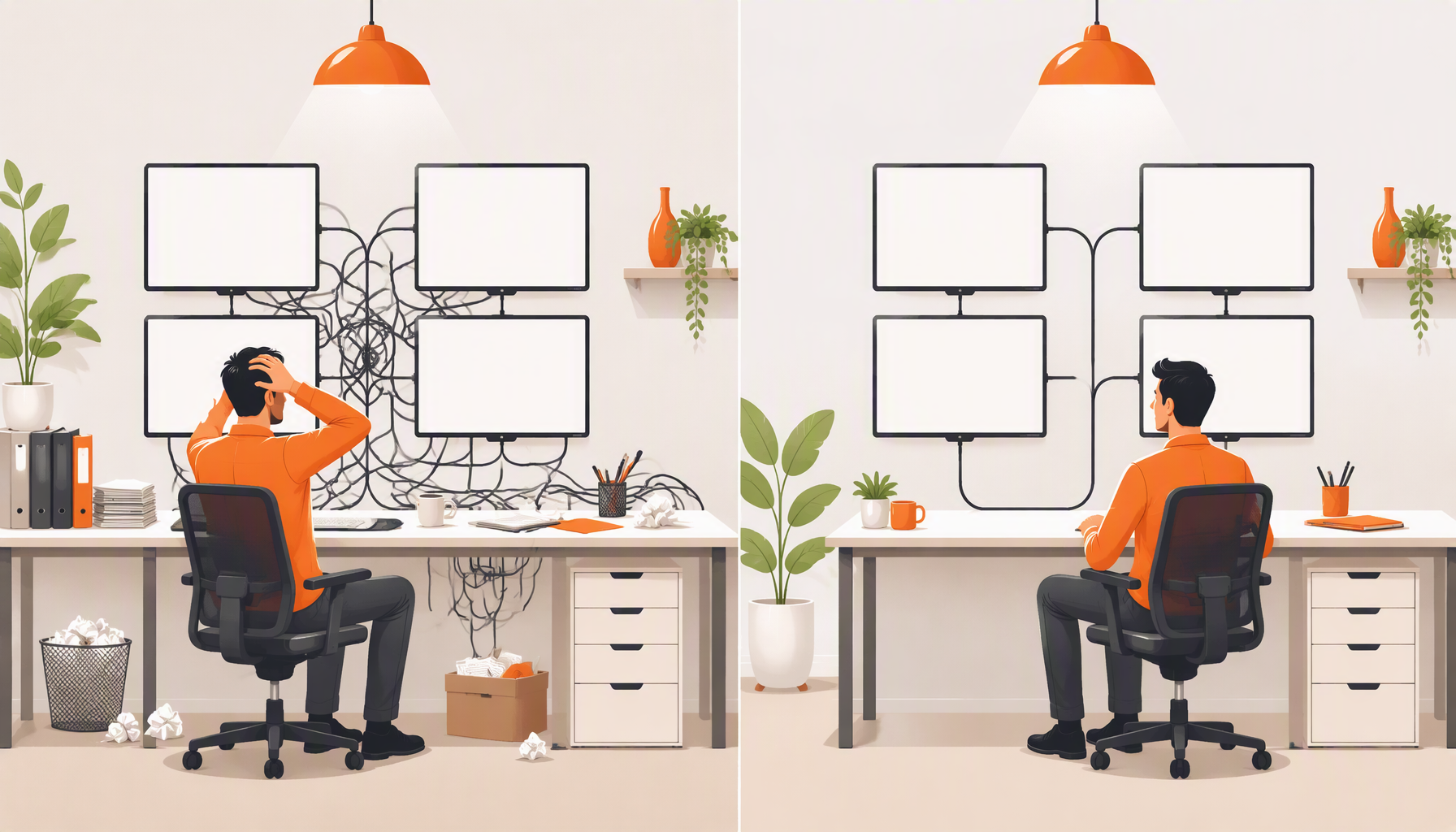 Split illustration: on the left an operations manager at a desk with four monitors joined by tangled cables, on the right the same person at the same desk with the four monitors joined by one continuous line