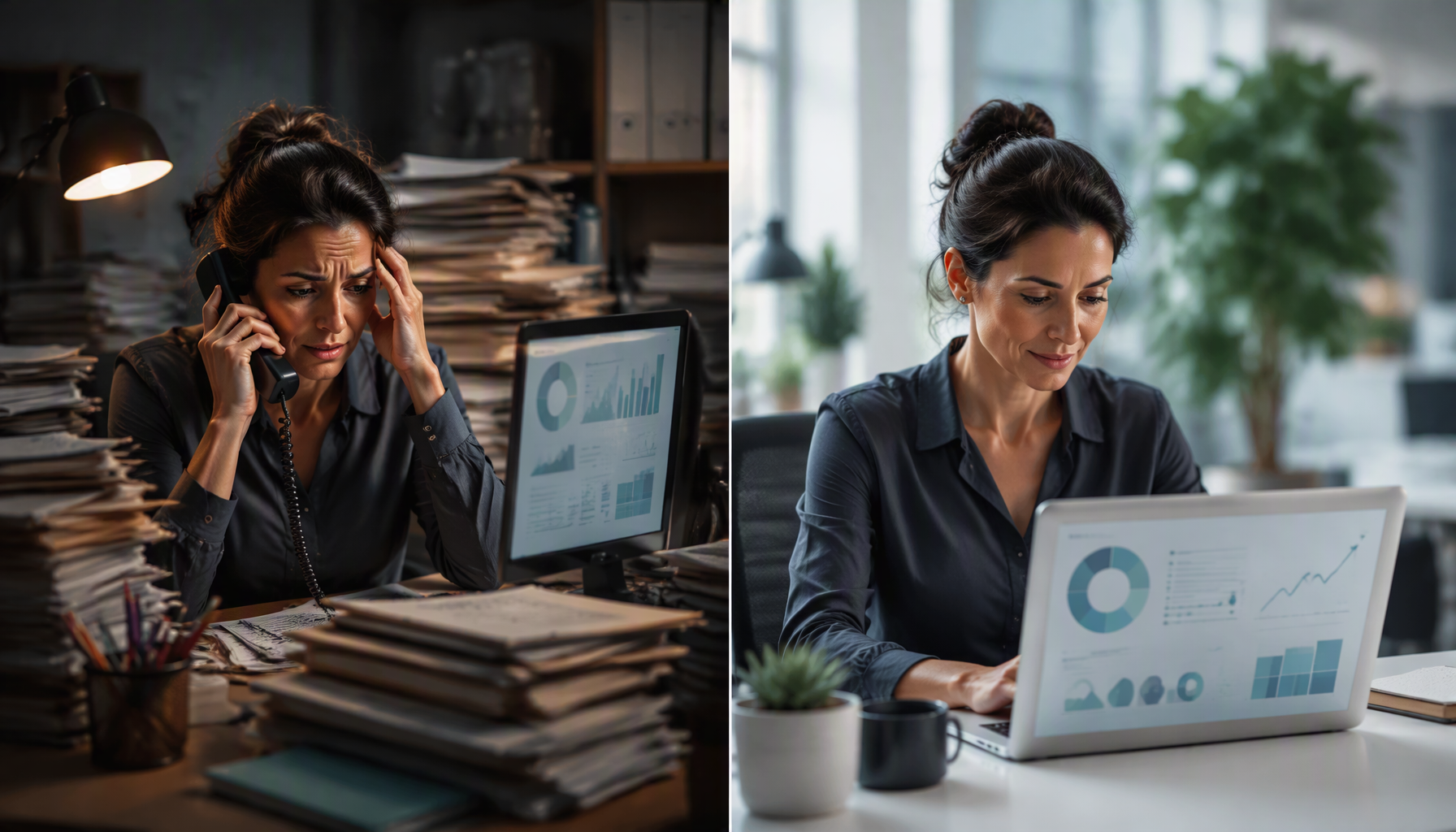 Split screen showing the same customer experience manager overwhelmed by reactive WISMO work on the left and calmly reviewing a delivery exception dashboard on the right