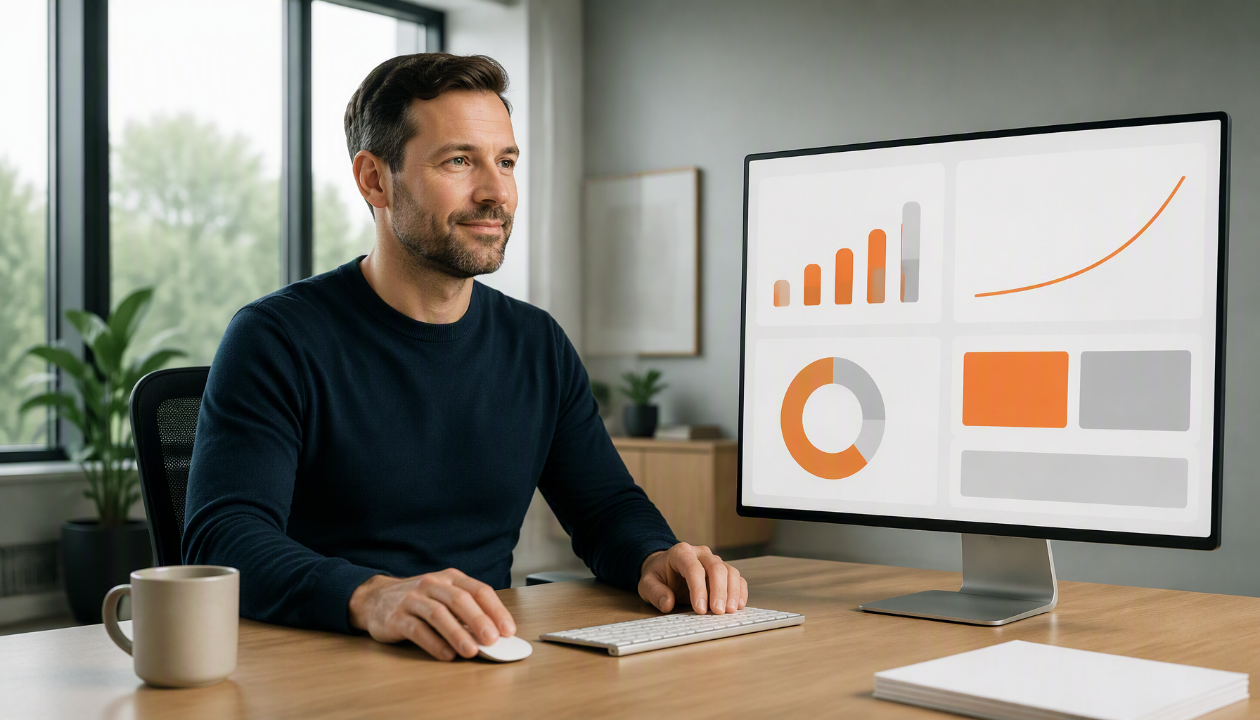 Operations manager reviewing a clean analytics dashboard in place of a cluttered spreadsheet
