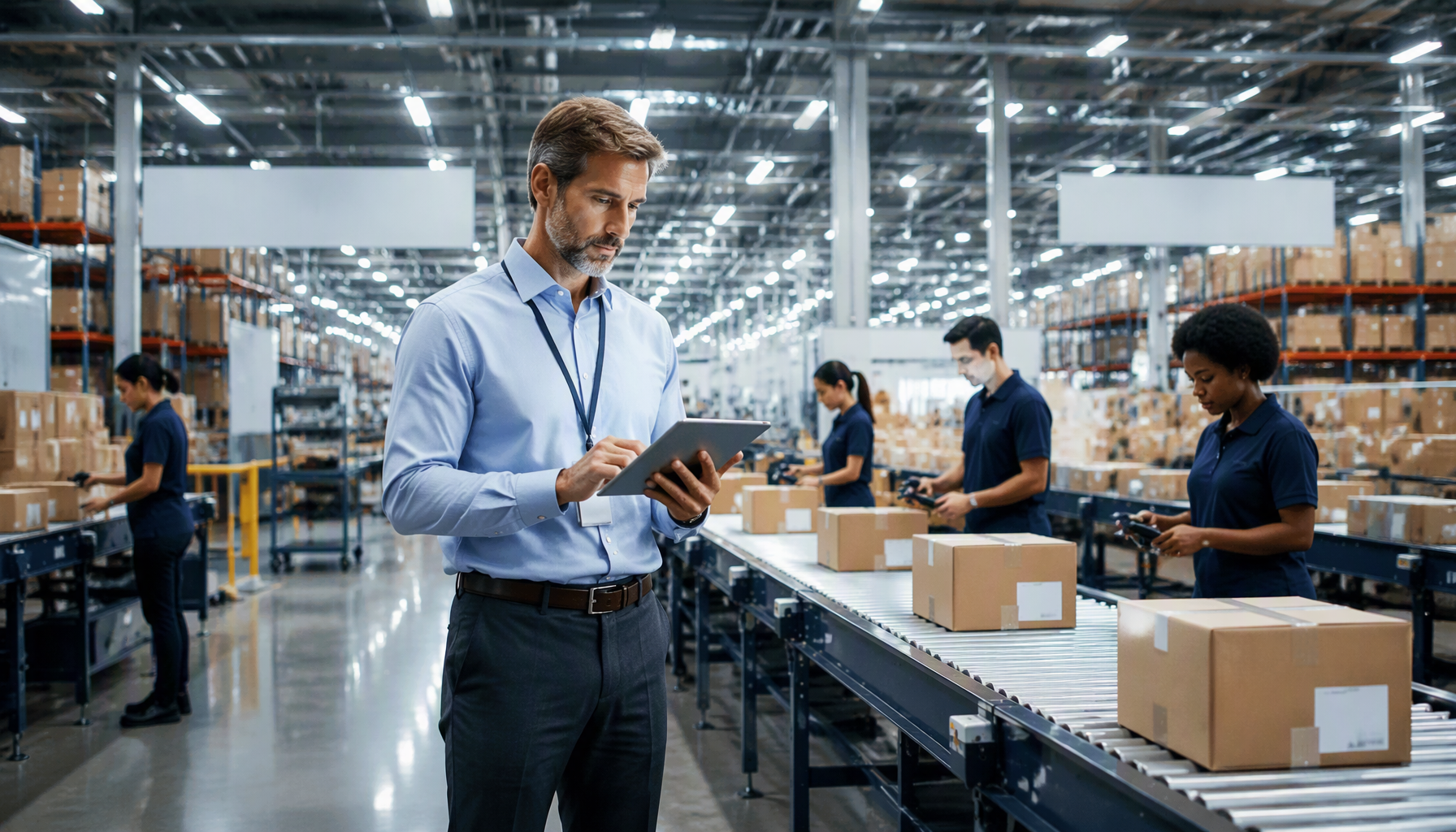 Operations manager reviewing a tablet in a busy eCommerce fulfillment center