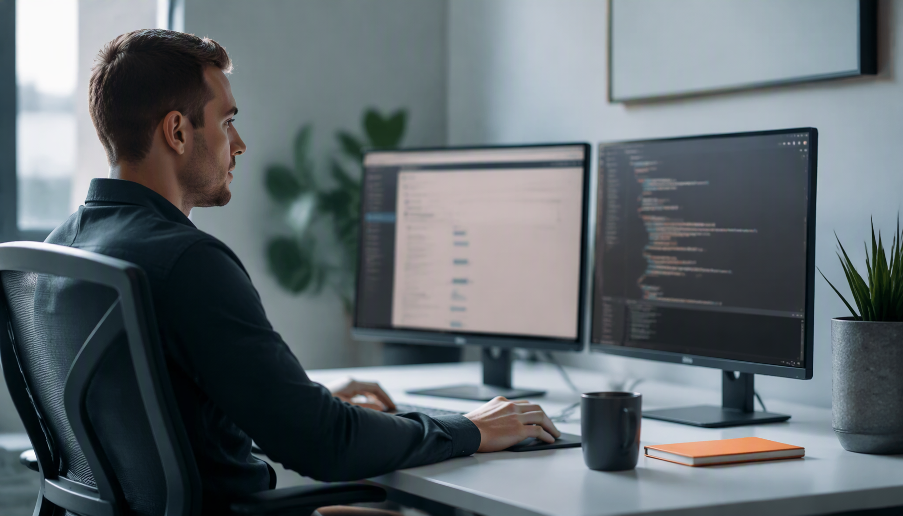 Developer comparing API documentation and a code editor on two monitors while evaluating a tracking API