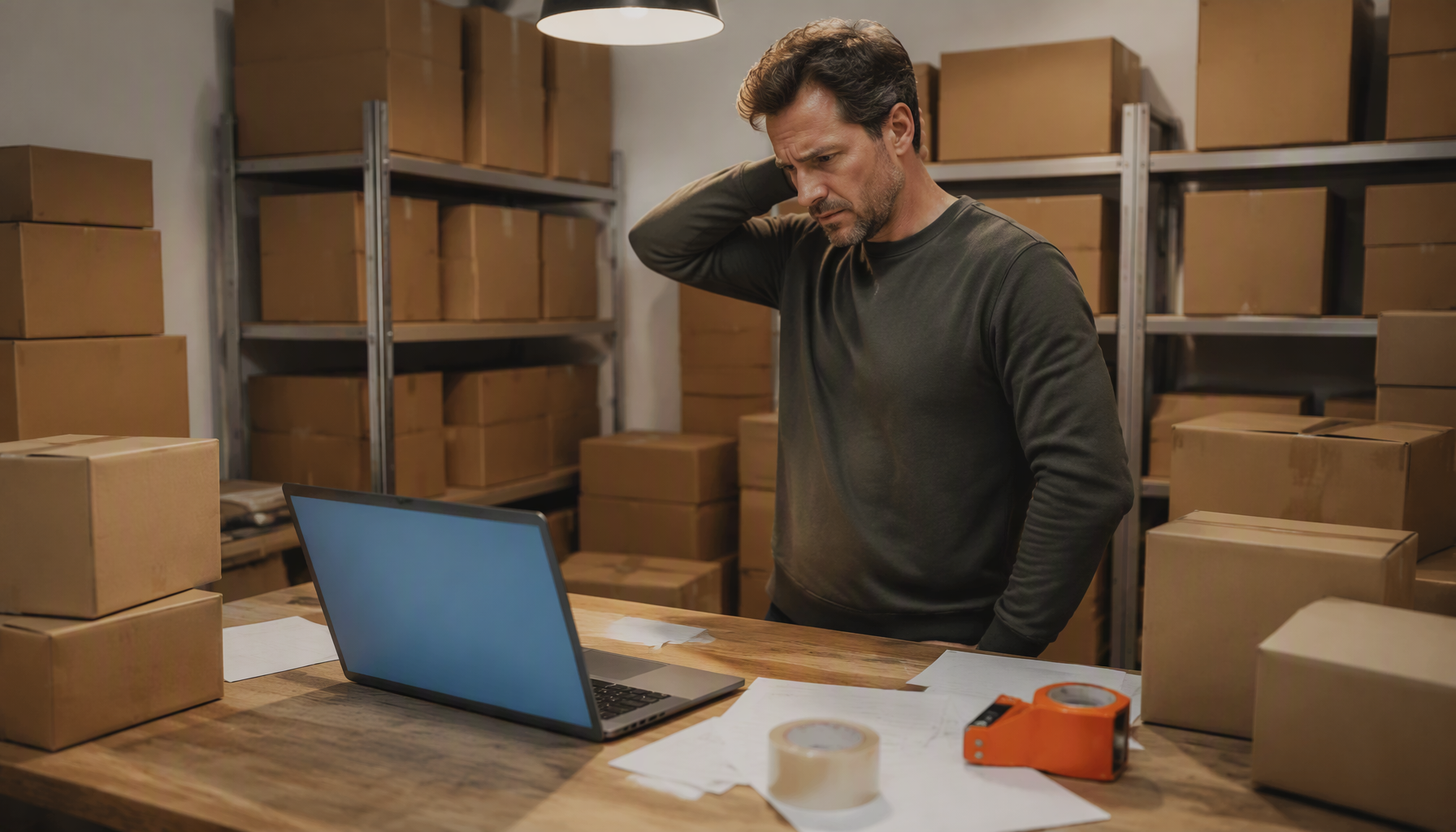 Brand owner surrounded by shipping boxes and paperwork in a small warehouse stockroom